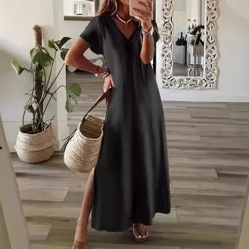 2025 большой размер лето новое модное сексуальное элегантное свободное платье с принтом V-образным вырезом и длинными рукавами с цветочным принтом S белый