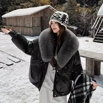 2025 Большой шерстяной лацкан Корейская хлопковая одежда Женская мода Новая короткая зимняя куртка-пуховик Утепленная куртка Куртка M