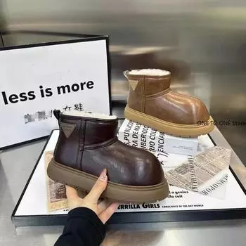 2025 Ботильоны для снега Зимние меховые теплые женские туфли Новые кожаные ботинки на плоской подошве на платформе Повседневные плюшевые хлопковые туфли Mujer Chelsea Botas 35 темно-коричневого