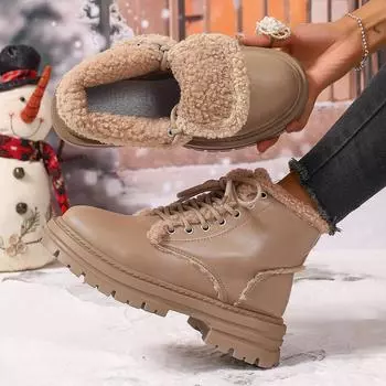 2025 Ботильоны для женщин плюшевые теплые ботильоны из искусственной кожи женские на шнуровке нескользящая платформа Botas Mujer 35 чёрный