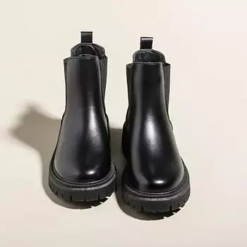 2025 Ботинки женские Челси черные до середины щиколотки на плоской платформе женские туфли женские универсальные классические лаконичные модные туфли с круглым носком 35 чёрный