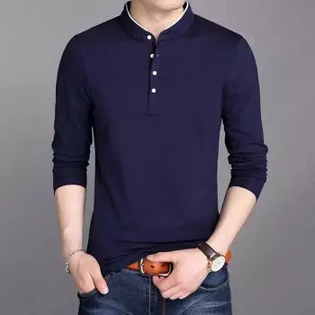 2025 Brand New Весна Мужская футболка Мужская футболка с длинными рукавами для мужчин Вертикальный воротник Чистый цвет Футболки Мужские рубашки поло Мужские топы Футболки XXXL темно-синий
