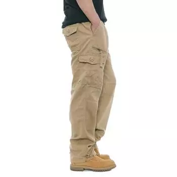 2025 Брюки карго мужские 100% хлопок, несколько карманов, эластичная талия, повседневные брюки, для активного отдыха, пеших прогулок, альпинизма, мужские брюки M хаки