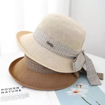 2025 bucket hat women s summer small fresh Japanese and Korean sunscreen sunshade beach hat bow seaside sunscreen straw hat tide M56-58cm чёрный