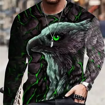 2025 Bully Eagle Printed Long Sleeve Tops Animal Men s Tops Casual Free Round Neck Long Sleeve Tops Peplum Long Sleeve Clothing S