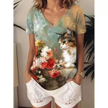 2025 camiseta para mujer Kawaii gato grfico moda manga corta cuello pico топы Regulares estampado diario camiseta verano primavera повседневные топы XS
