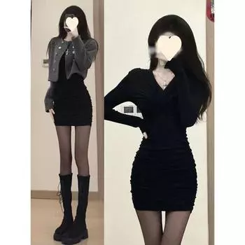 2025 Черное сексуальное платье-бюстье с пальто для женщин - осень/зима, юбка до бедра Medium