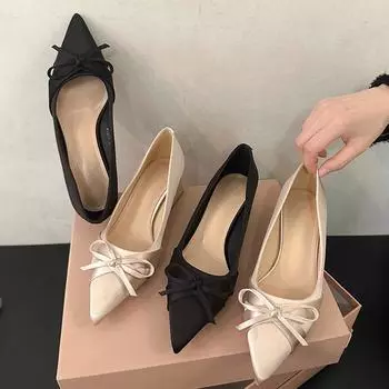 2025 commuter shoes Korean version shallow mouth new sweet spring pointed single shoes women s versatile bow satin temperament 35 абрикосовый