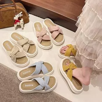 2025 cool slippers women s summer outer wear feeling seaside beach shoes new fashion cross with casual platform one-word 35 розовый
