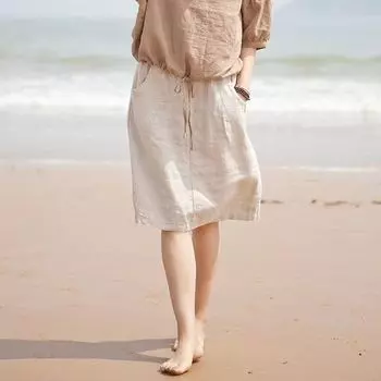 2025 Cotton and Linen Skirt Women s Summer New Arrival Elastic Waist Artsy Retro College Style Mid Skirt Mori Style A- line Skirt Beige M