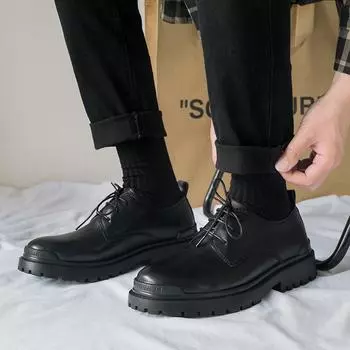 2025 cowhide trend soft leather shoes men s Korean version lace-up thick-soled leisure business Hong Kong style spring and autumn low-top Martin shoes 37 чёрный