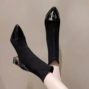 2025 Cyber Red Autumn and Winter New Style Fashion Boots Women s Rough Heel Water Diamond Patched Versatile Nude Boots 37 чёрный