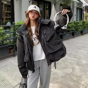 2025 design niche loose cargo jacket hooded pink trench coat women s winter model M