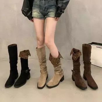2025 Designer Leopard Pleated Knee Boots Woman Chunky Heel Pull-on Long Booties Ladies Fashion Buckle High Knight Botas De Mujer 35 чёрный