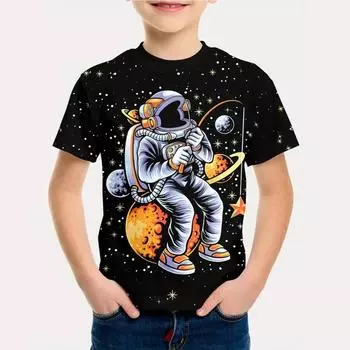 2025 Детская одежда Лето Мультфильм Космонавт Круглый вырез Короткий рукав Графические футболки Веселая детская одежда Футболка для мальчика 100cm