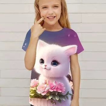 2025 Детская одежда Повседневная 3D кошка Графический короткий рукав Топы Футболка Детская одежда для девочек от 2 до 8 лет Лето Открытый 130