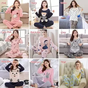 2025 Двухсекционный пижамный комплект с милым принтом из мультфильмов, ночная рубашка с длинным рукавом, женская домашняя одежда M розовый