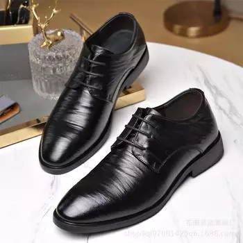 2025 джентльменский деловой костюм британские кожаные туфли мужские повседневные мужские туфли молодежные заостренные кожаные туфли на шнуровке производитель 38 чёрный