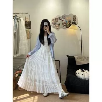 2025 Early Autumn New Arrival K-style Easiest for Match Texture Slim Looking A- line Skirt Wooden Ear Patchwork Cake Dress Long Dress White regular(148-156cm) S(40.00 kg-50.00 kg)