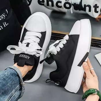 2025 early spring casual shoes round head lace-up home out platform dad shoes personalized solid color white shoes board shoes men 39 белый