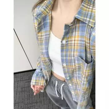 2025 Early Spring Gingham Shirt Women s Small Shirt Outwear Early Spring Wear Shirt Fancy Hong Kong Style Retro Chic Tops Yellow Blue Check L