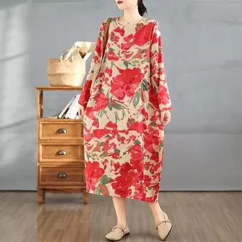 2025 early spring new retro printing round neck long-sleeved cotton and linen dress women s loose large size long dress One size