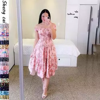 2025 ebay однобуквенный воротник асимметричное платье с открытыми плечами с короткими рукавами цифровой принт S