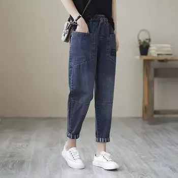 2025 Elastic High Waist Baggy Harem Jeans Women Casual Vintage Stretch Denim Pants Korean Fashion Streetwear Big Size New M чёрный