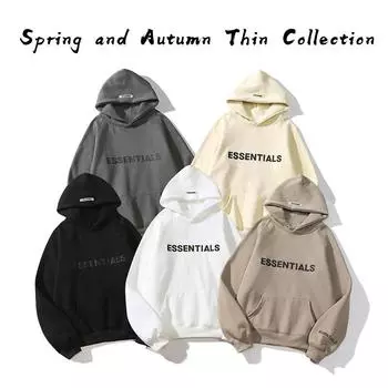 2025 Essentials Тонкая толстовка с капюшоном на весну и осень, уличная одежда с принтом букв и логотипом, повседневная спортивная рубашка, топ, пуловер для мужчин/женщин S чёрный