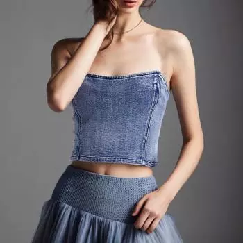 2025 European & American Style Sexy Washed Denim Zipper Tube Top L