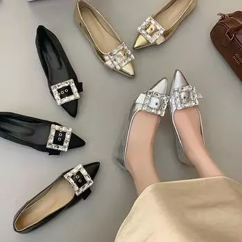 2025 European and American new fashion versatile square buckle rhinestone light mouth pointed head silver sandals bag head flat sole shoes women 35