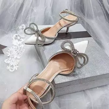 2025 European and American summer sandals women s new pointed rhinestone bow lace-up sexy high-heeled large-size women s shoes 35