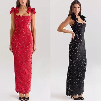 2025 Европейская и Американская Весна Лето Новое Кружевное Облегающее Платье Бантом S красный