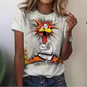 2025 Европейская и Американская женская футболка с 3D-принтом в виде маленьких животных, круглый вырез, короткий рукав, модный универсальный женский топ XXS
