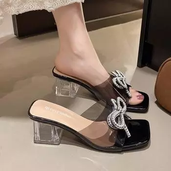 2025 европейские и американские летние новые модные женские тапочки со стразами, хрустальные, на толстом каблуке, матовые, классные тапочки с бантом 35 чёрный