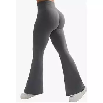 2025 европейские и американские новые женские сексуальные ребристые брюки для йоги с карманами, расклешенные брюки с высокой талией S чёрный