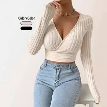 «2025 Европейский и Американский Глубокий V-образный вырез, Узкий Сексуальный Трикотажный Топ с Длинными Рукавами» M абрикосовый