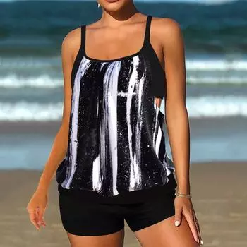 2025 Европейский и Американский Новый Большой Размер Раздельный Бикини Цветной Принт Раздельный Купальник S чёрный