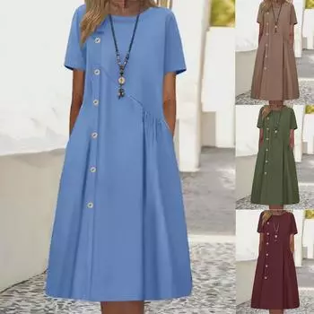 2025 Европейское и американское повседневное платье средней длины с пуговицами и карманом-складкой XL армия зеленый