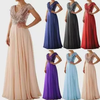 2025 Европейское и американское вечернее платье с V-образным вырезом без рукавов из шифона с пайетками
