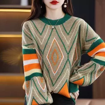 2025 Fall and Winter New Arrival Knitwear Female Thickened round Neck Sweater Fashion Loose Contrast Color Jacquard and Fleece Lining Thickened Base Green M
