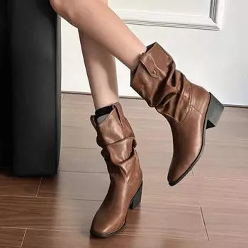 2025 Fall Luxury Square Heel Women Ankle Boots Fashion Pleated Designer High Heels New Suede Chelsea Boots Women Zapatos Mujer 35
