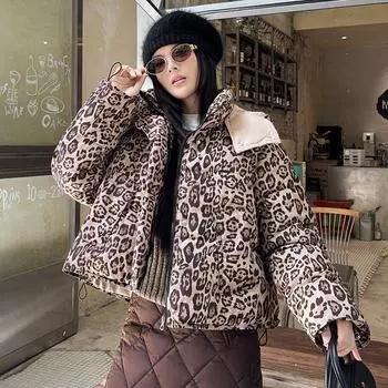 2025 Fall/Winter New Leopard Print Cotton Jacket Women s Thickened Short Hooded Jacket Cotton Jacket M