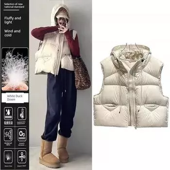 2025 Fashion Autumn and Winter New Arrival White Duck down Vest Women s Small Hooded Loose Short Puff Vest Beige White 2XL