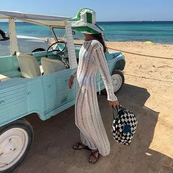 2025 Fashion Cross-Border New Arrival Cut Out Split Dress Beach See-through Blouse Long Mop Backless Dress Women White S