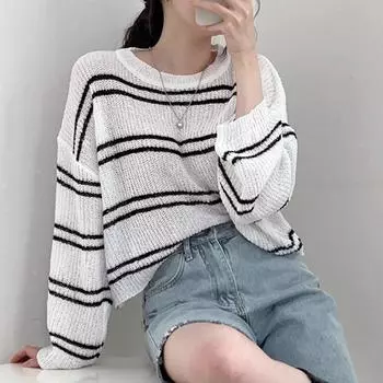 2025 Fashion Long Sleeve Stripes Pullover Sweater Women Loose Knitted Casual Thin Office Short Blouse Casual Simple Hollow Out O-neck Elegant Tops One size