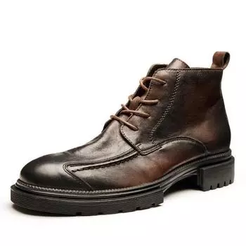 2025 Fashion Men s Platform Motorcycle Boots Retro Brown Leather Round Toe Ankle Boots Plus Size 38-48 Male Outdoor Casual Shoes 38 чёрный
