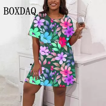 2025 Fashion Personality Flower Pattern 3D Printed Round Neck Short-sleeved Dress S