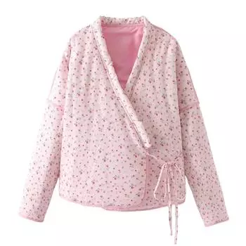 2025 Fashion Pink Sweet Women s Clothing Floral Strap Cotton Coat V-neck Cotton Jacket S