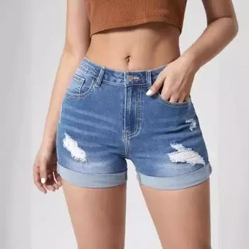 2025 Fashionable Ripped Rolled High Stretch Denim Shorts High Waist Black Tight Casual Hot Pants Women s Three-point Pants XXL чёрный